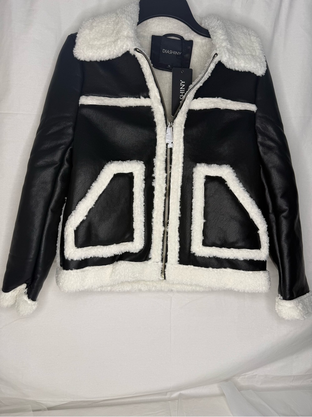Women's Black Faux Leather Shearling Jacket with White Trim